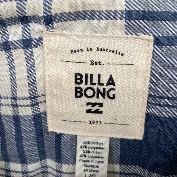 Billabong Plaid Button Front Long Sleeve Shirt Raw Hem Cream Black Size Large - Picture 4 of 9
